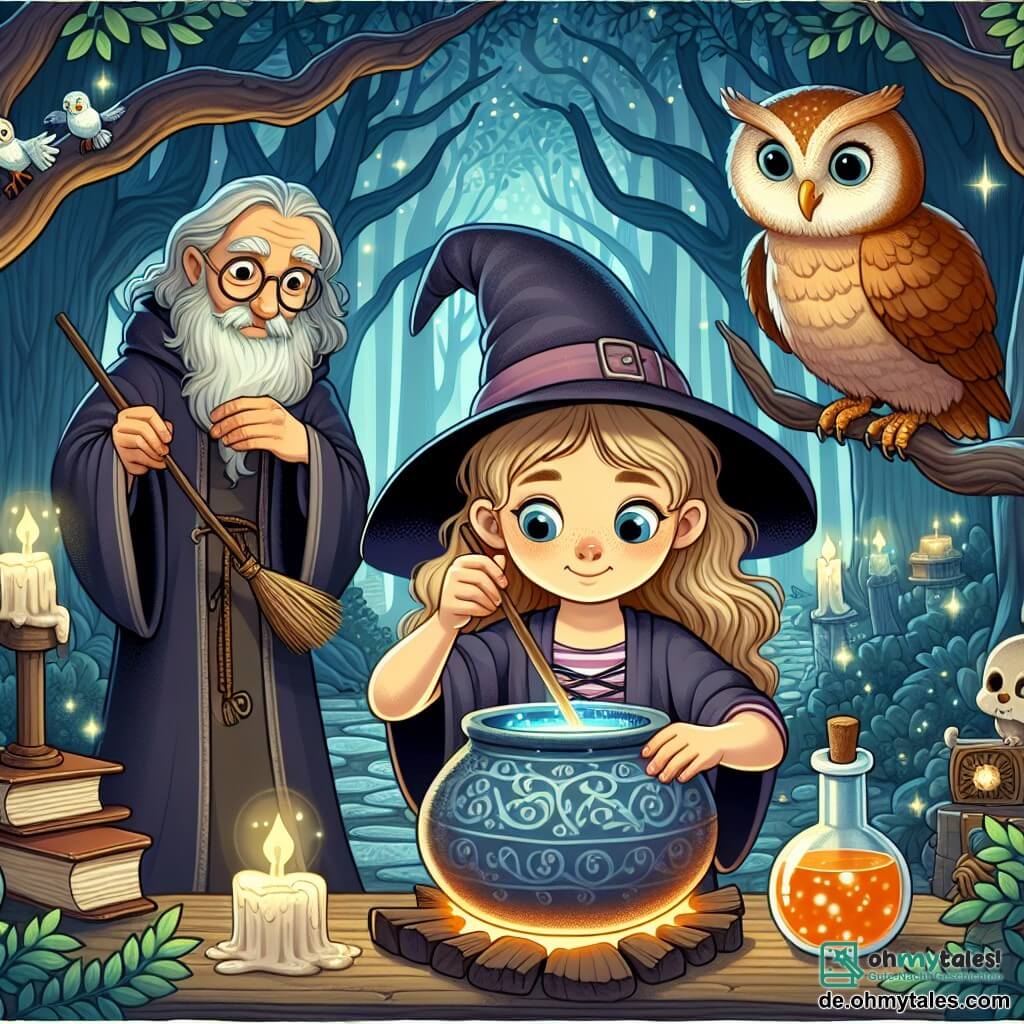 Une illustration destinée aux enfants représentant une jeune apprentie sorcière, une étrange potion magique, un sage maître hibou et une mystérieuse école de sorcellerie cachée au cœur d'une forêt enchantée aux arbres aux feuilles scintillantes et aux chemins lumineux.