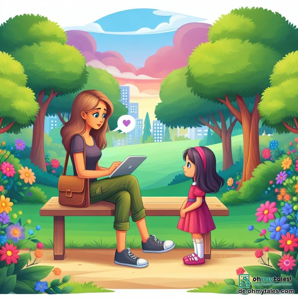 Une illustration destinée aux enfants représentant une fillette perdue dans un monde numérique, rencontrant une autre petite fille assise sur un banc dans un parc luxuriant aux arbres verdoyants et aux fleurs colorées.
