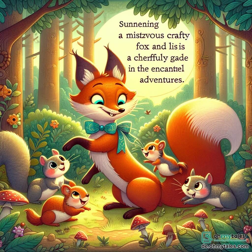 Une illustration destinée aux enfants représentant un malicieux renard rusé, une joyeuse famille d'écureuils et une clairière ensoleillée du bois enchanté, où se déroulent des aventures loufoques et amusantes.