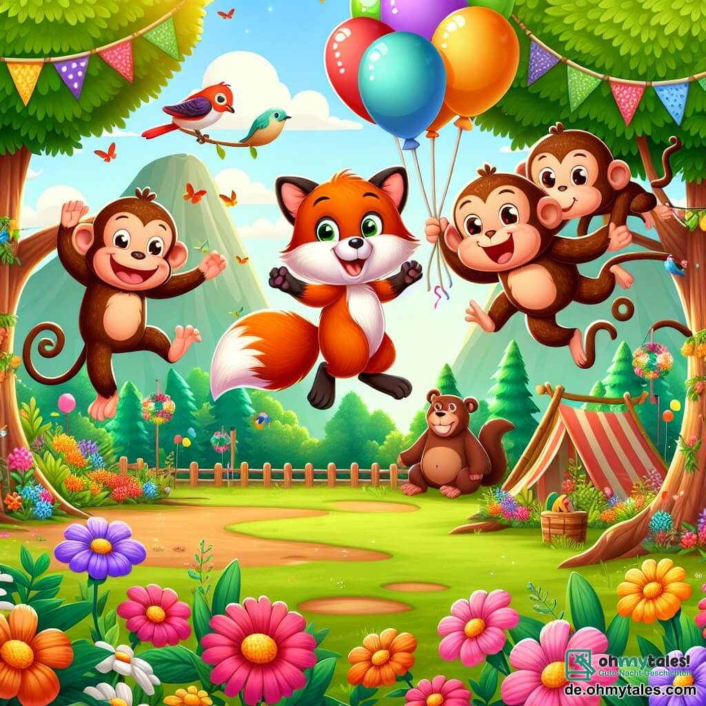 Eine Illustration zeigt eine fröhliche Szene in einem großen Zoo-Garten, der mit bunten Blumen und majestätischen Bäumen gefüllt ist. In der Mitte hüpft ein strahlend roter Fuchs mit schelmischen Augen enthusiastisch und trägt eine kleine Tasche voller Leckereien. An seiner Seite hängen zwei verspielte Affen, einer mit braunem und der andere mit golden geflecktem Fell, an einem Ast, lachen und machen Grimassen. Im Hintergrund bereitet sich ein freundlicher brauner Bär darauf vor, zur Feier zu kommen, während bunte Vögel in den Bäumen singen. Die Atmosphäre ist festlich, mit schwebenden Ballons und Blumenketten, die eine Feier- und Freundschaftsatmosphäre unter den Tieren schaffen.