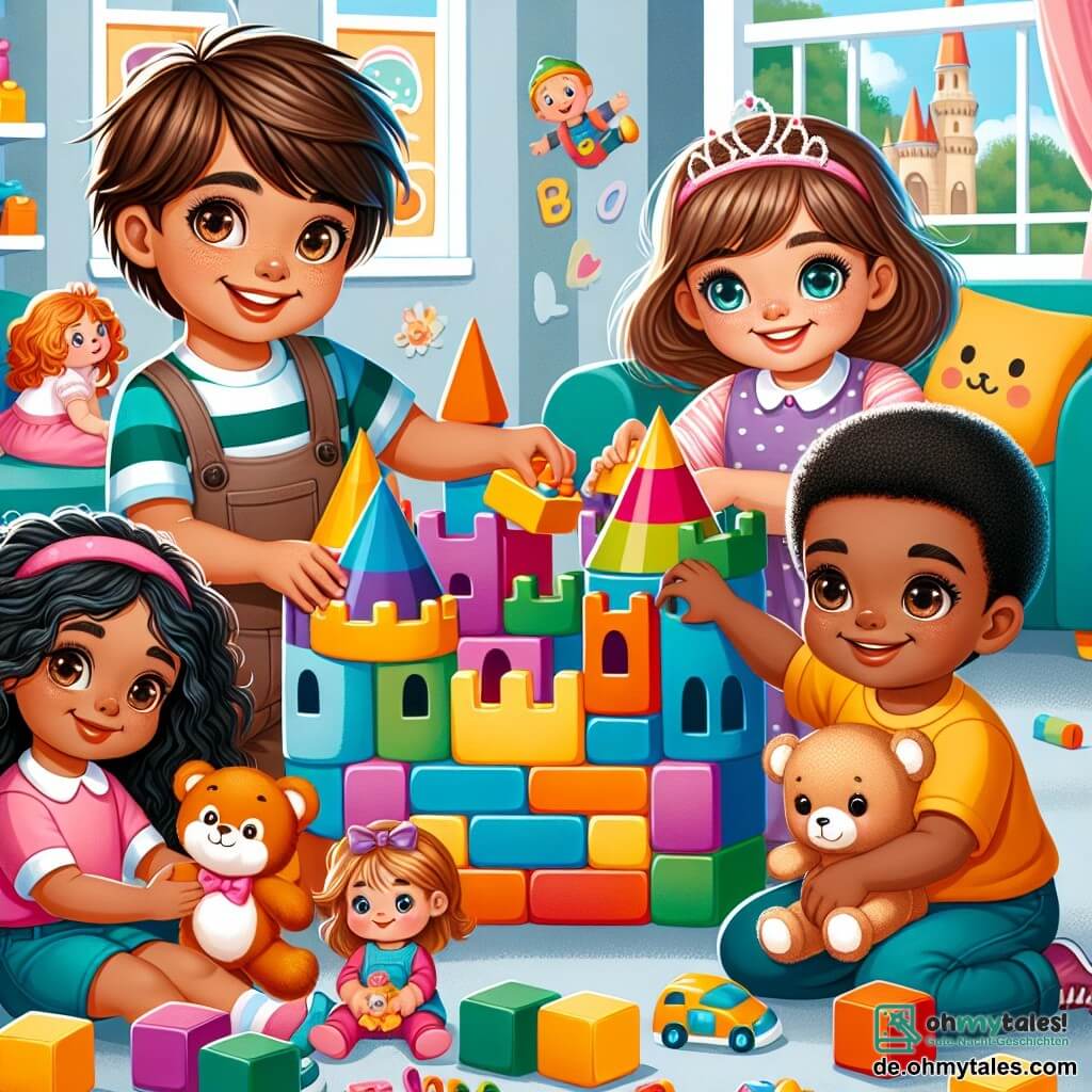 Une illustration sous forme de dessin destinée aux enfants représentant un grand et coloré jeu de salle rempli de jouets, avec un petit garçon de 4 ans aux cheveux bruns et aux yeux pétillants, souriant joyeusement alors qu'il construit un grand château en blocs de couleurs vives, entouré de trois amis : une petite fille aux cheveux bouclés et à la peau claire, qui tient une poupée, un garçon aux cheveux noirs et à la peau mate, qui joue avec des voitures, et une autre petite fille aux cheveux lisses et à la peau caramel, qui organise des animaux en peluche, tous unis dans un moment de créativité et de partage, illustrant la beauté de la diversité et de l'amitié.
