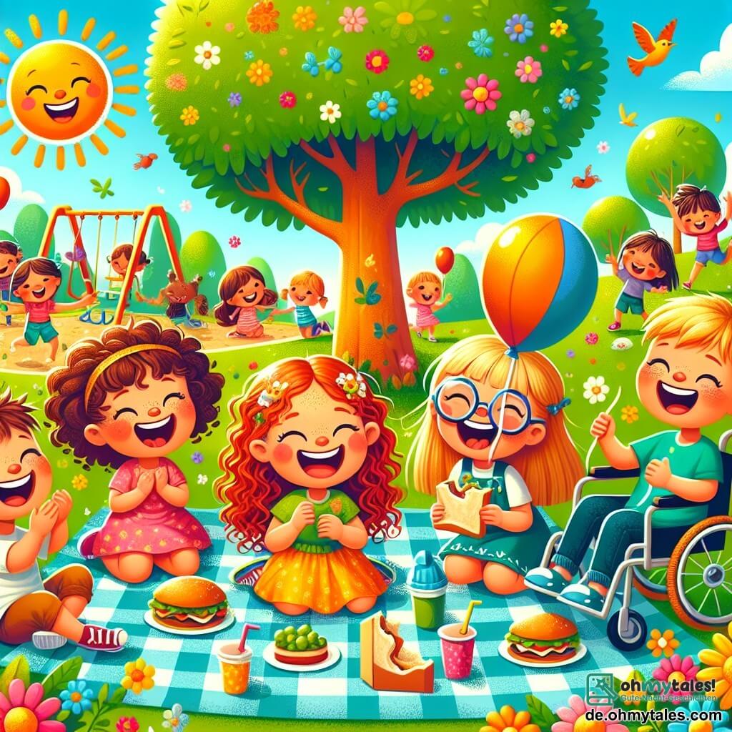 Eine Illustration zeigt einen fröhlichen, sonnigen Nachmittag in einem bunten Park mit einem großen Laubbaum in der Mitte, umgeben von leuchtenden Blumen und einem lebhaften Spielplatz. Im Vordergrund versammeln sich vier Kinder, zwei Mädchen und zwei Jungen, um eine große Picknickdecke. Ein etwa siebenjähriges Mädchen mit roten, lockigen Haaren lacht laut und hält ein Sandwich in einer Hand. Neben ihr applaudiert ein anderes Mädchen mit runden Brillen und geflochtenen braunen Haaren, ihr Gesicht strahlt vor Aufregung. Ein etwa siebenjähriger Junge mit blonden Haaren ist bereit, einen bunten Ball zu werfen, sein Gesicht leuchtet vor Freude. Schließlich lächelt ein Mädchen mit kastanienbraunen Haaren, das in einem Rollstuhl sitzt, breit und hält ein ballförmiges Spielzeug in den Händen. Die Szene fängt einen Moment reinen Glücks ein, in dem die Kinder Lachen und Spiele teilen, umgeben von köstlichen Snacks und der Energie eines schönen Sommertages. Vögel singen am blauen Himmel, und andere Kinder spielen im Hintergrund, was zur festlichen und freundlichen Atmosphäre des Parks beiträgt.