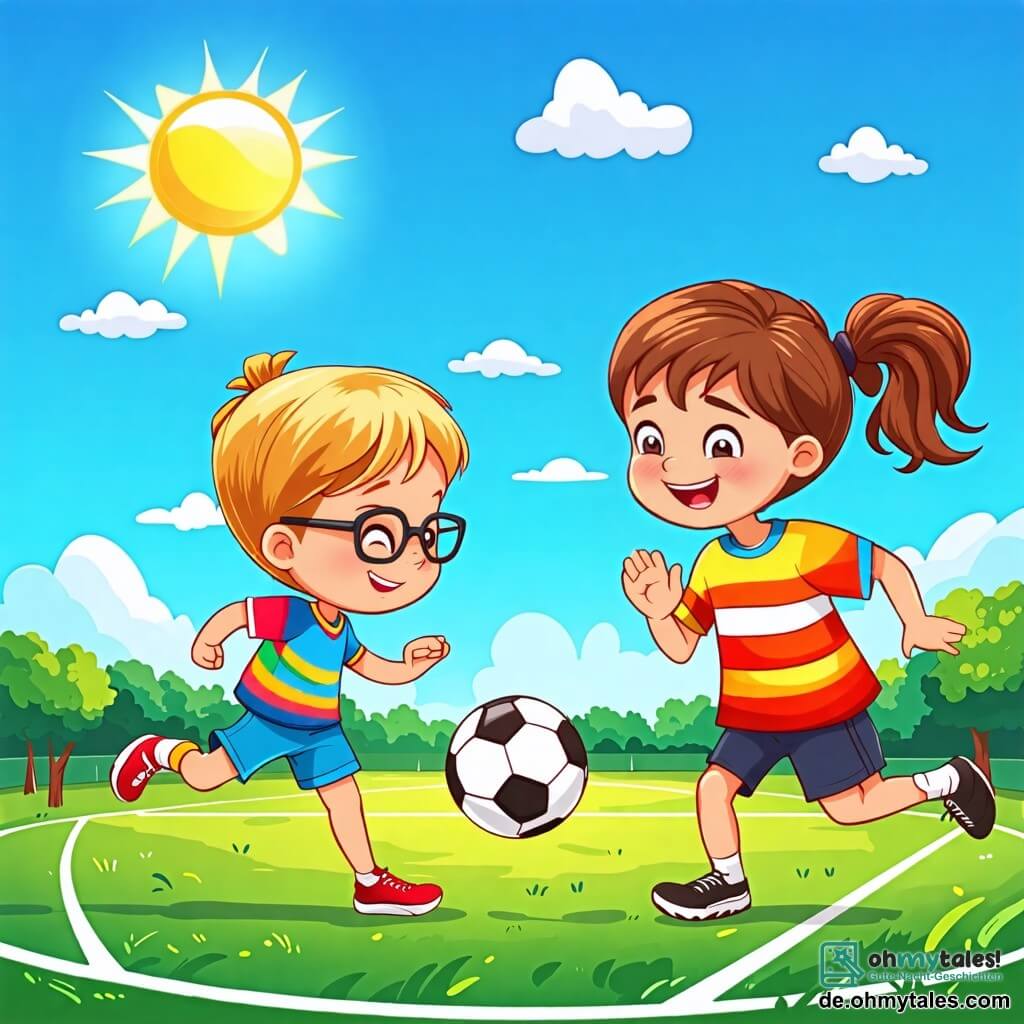 Une illustration sous forme de dessin destinée aux enfants représentant un terrain de football verdoyant sous un ciel bleu ensoleillé, avec une jeune fille aux cheveux bruns attachés en queue de cheval, portant un maillot de football coloré, dribblant habilement un ballon avec un grand sourire sur son visage, tandis qu'un garçon aux cheveux blonds et aux lunettes, vêtu d'un t-shirt et d'un short, l'encourage en applaudissant, capturant l'esprit joyeux et dynamique d'une partie de football entre amis.