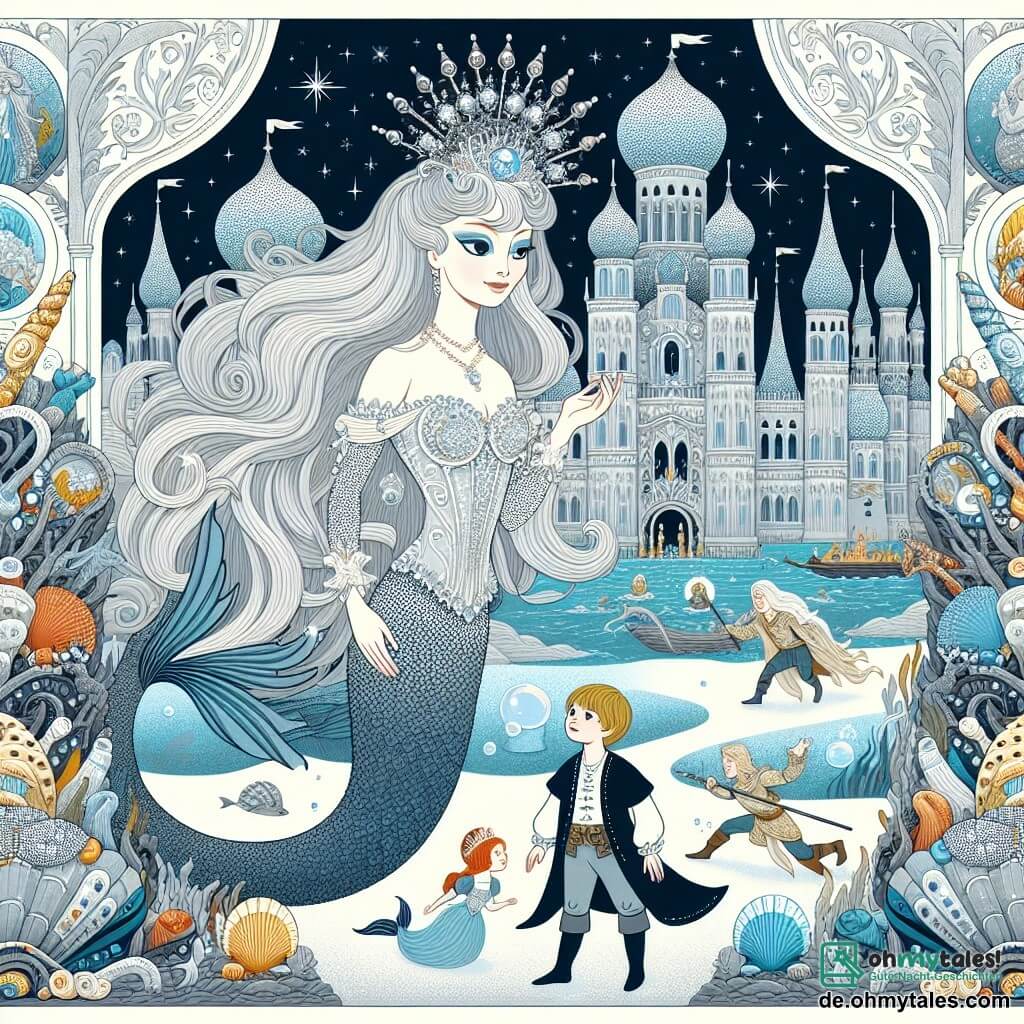 Une illustration destinée aux enfants représentant une élégante sirène aux longs cheveux argentés, une jeune garçon courageux, et un palais sous-marin scintillant construit en coquillages et perles, où se déroule une série de défis magiques.