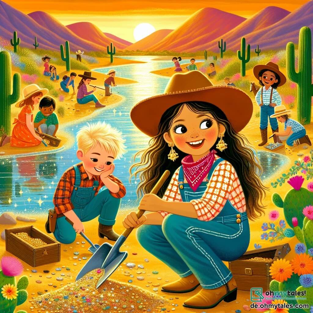 Eine Illustration zeigt eine lebendige Szene am Ufer eines glitzernden Flusses bei Sonnenuntergang. Goldene Hügel umgeben den Ort, gesprenkelt mit Kakteen und bunten Wildblumen. Im Vordergrund kniet eine junge Cowgirl mit langen braunen Haaren im Wind, trägt einen großen Cowboyhut und ein kariertes Hemd. Sie hält eine kleine Schaufel und lächelt fröhlich, während sie im Sand nach Gold sucht. Neben ihr steht ein etwa achtjähriger Junge mit zerzausten blonden Haaren und einem roten Bandana um den Hals, der staunend zusieht und eine kleine Holzkiste hält. Im Hintergrund lacht und spielt eine Gruppe von Kindern unterschiedlichen Alters, einige halten Schaufeln, während andere am Wasser spielen. Die Atmosphäre ist voller Freude und Freundschaft, mit Lachen und goldenen Lichtstrahlen, die sich im Wasser spiegeln.