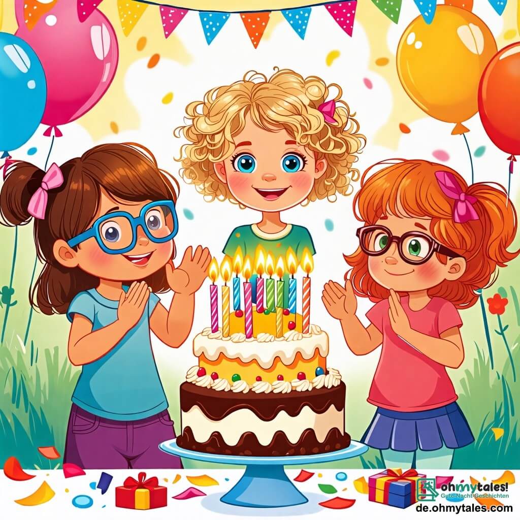 Une illustration sous forme de dessin destinée aux enfants représentant un jardin ensoleillé décoré de ballons colorés et de guirlandes, où une fille de 8 ans aux cheveux blonds bouclés et aux yeux bleus, souriante, se tient devant un grand gâteau d'anniversaire, entourée de ses deux amies : une fille aux cheveux bruns et aux lunettes qui applaudit avec enthousiasme, et une autre fille aux cheveux roux qui tient un cadeau, tandis qu'elles s'apprêtent à souffler les bougies du gâteau, symbolisant la joie et l'amitié lors d'une fête d'anniversaire inoubliable.