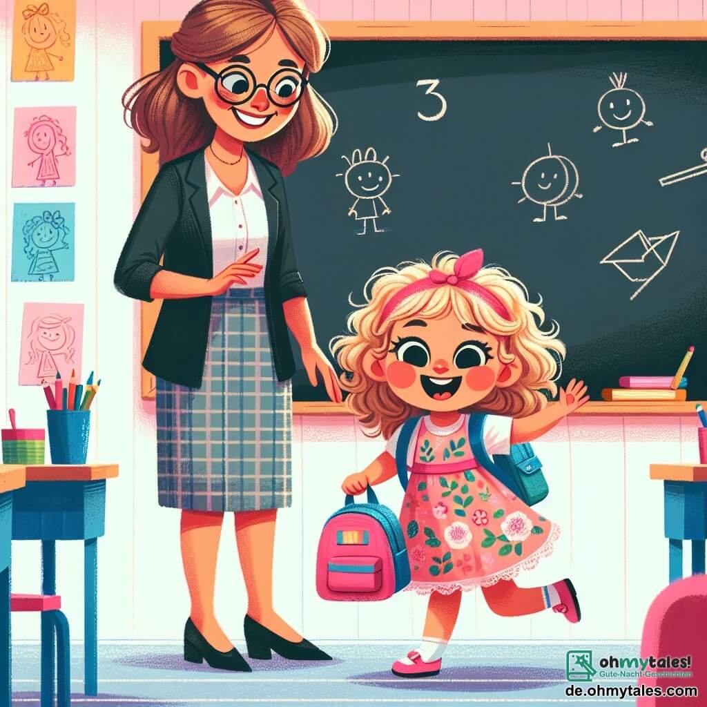 Une illustration sous forme de dessin destinée aux enfants représentant une salle de classe colorée et accueillante, avec des murs ornés de dessins d'enfants et un grand tableau noir, où une petite fille de 3 ans aux cheveux bouclés et blonds, portant une robe à fleurs, sourit joyeusement tout en tenant un petit sac à dos rose rempli de fournitures scolaires, tandis qu'une gentille enseignante, une femme d'âge moyen avec des lunettes et des cheveux châtains attachés, s'approche d'elle avec un sourire chaleureux, créant une atmosphère d'excitation et de bonheur pour la rentrée des classes.