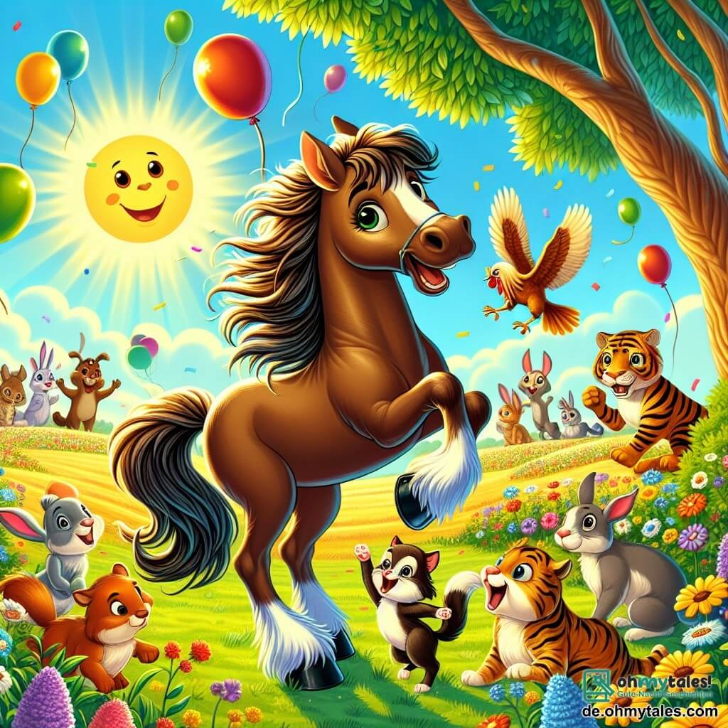 Illustration einer weiten sonnigen Wiese, übersät mit bunten Blumen und großen Bäumen mit grünen Blättern. In der Mitte steht ein glänzend braunes Pferd mit einer seidigen Mähne, die im Wind weht, und einem großen Lächeln im Gesicht. Es ist umgeben von seinen tierischen Freunden: einem kleinen Hasen mit großen weißen Ohren, der fröhlich springt, und einer getigerten Katze mit funkelnden Augen, die kurz davor ist zu lachen. Im Hintergrund applaudiert eine Gruppe von Tieren, darunter ein Hahn mit leuchtenden Federn, und feuert das Pferd an. Die Szene fängt die Energie eines lustigen Wettbewerbs ein, bei dem das Pferd mit erhobener Pfote bereit ist, an einem amüsanten Spiel teilzunehmen, während bunte Ballons am blauen Himmel schweben. Lachen und fröhliche Ausdrücke erhellen die Gesichter der Tiere und schaffen eine festliche und fröhliche Atmosphäre.