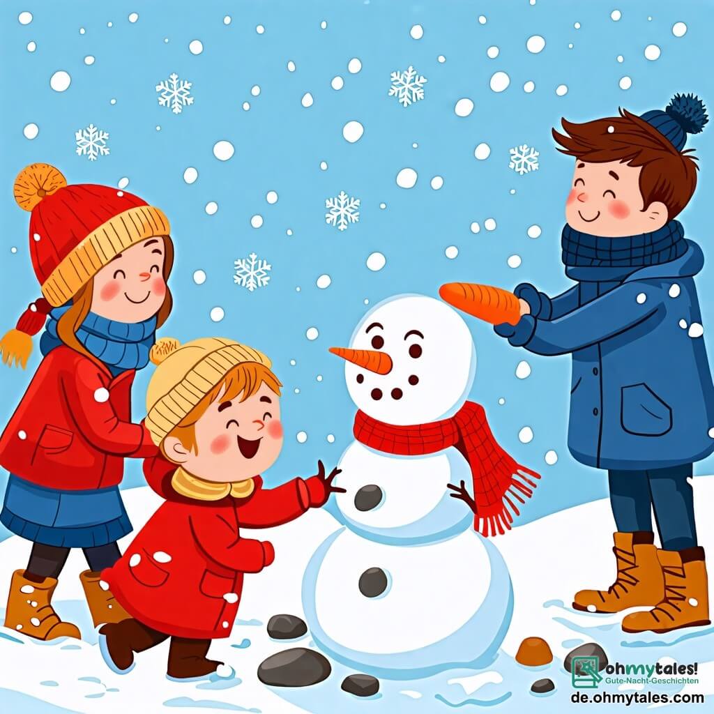 Une illustration sous forme de dessin destinée aux enfants représentant un paysage hivernal féérique avec un sol recouvert de neige scintillante, un petit garçon de 2 ans aux cheveux blonds et aux joues roses, vêtu d'une combinaison rouge et d'un bonnet en laine, en train de construire un bonhomme de neige avec un grand sourire, tandis qu'une maman souriante aux cheveux bruns et en manteau bleu l'aide en ajoutant des pierres pour les yeux, et un papa aux cheveux noirs, portant une écharpe, qui apporte une carotte pour la nez, le tout sous un ciel bleu clair parsemé de flocons de neige tombants.