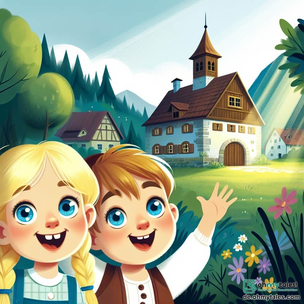 Une illustration destinée aux enfants représentant un garçon joyeux et curieux, une fille blonde aux yeux bleus, découvrant un mystérieux et enchanté petit village appelé Sonnenberg.