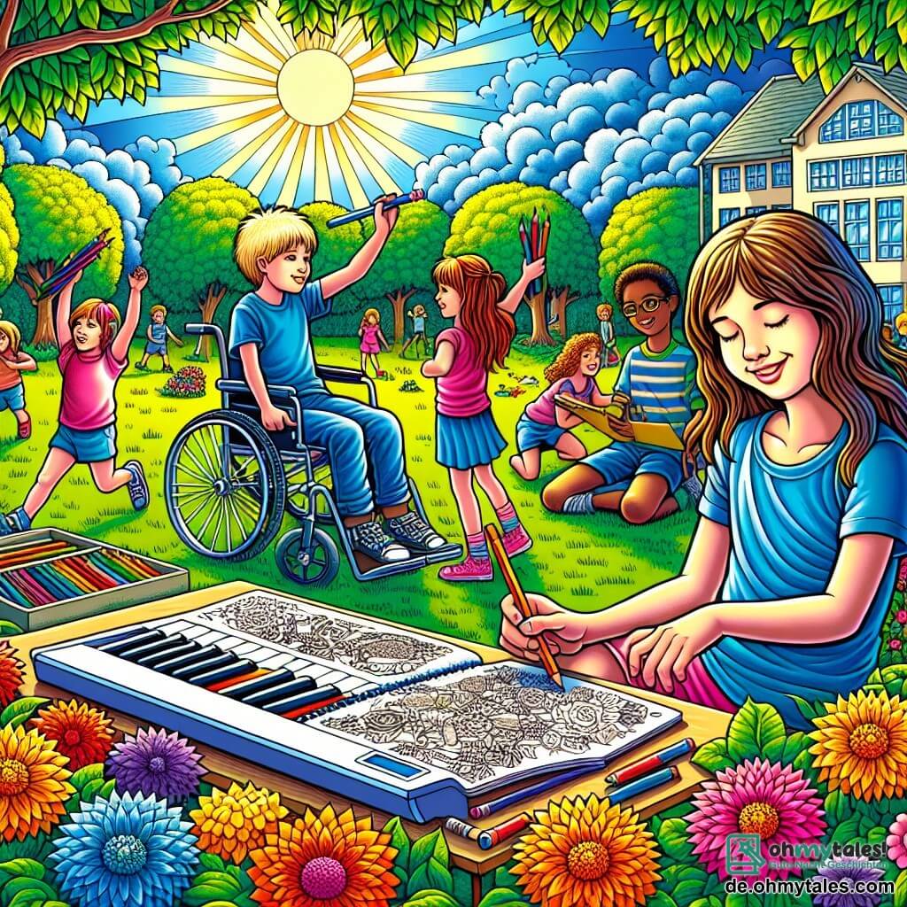 Illustration eines bunten, sonnigen Schulgartens, gefüllt mit strahlenden Blumen und laubtragenden Bäumen, mit fröhlich spielenden Kindern im Hintergrund. Im Vordergrund sitzt ein 11-jähriges Mädchen mit langen braunen Haaren, das ein blaues T-Shirt und rosa Shorts trägt, auf einem grünen Rasen mit einem Skizzenbuch auf den Knien und zeichnet mit Buntstiften. Neben ihr spielt ein 12-jähriger Junge mit zerzausten blonden Haaren und strahlendem Lächeln auf einem Keyboard, sitzt im Rollstuhl und ist von einigen Freunden umgeben, die ihm bewundernd zuhören. Die Szene strahlt eine Atmosphäre von Kameradschaft und Kreativität aus, die das Thema Inklusion und Freundschaft illustriert, mit bunten Sprechblasen, in denen die Kinder Ideen austauschen und zusammen lachen.