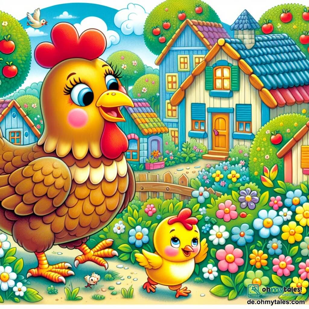 Une illustration destinée aux enfants représentant une poule facétieuse et curieuse, accompagnée d'un adorable poussin, dans un village pittoresque rempli de maisons colorées, de fleurs en fleurs et d'arbres fruitiers.