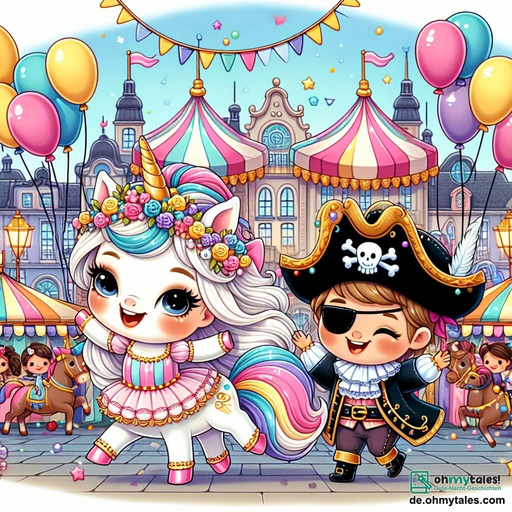 Une illustration destinée aux enfants représentant une petite fille déguisée en un magnifique licorne lors du carnaval, accompagnée d'un garçon déguisé en pirate, se promenant joyeusement sur la place de la ville décorée de nombreux ballons colorés et de stands de fête.