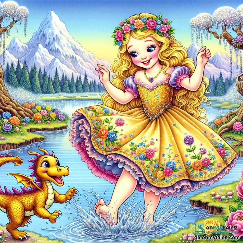 Une illustration destinée aux enfants représentant une princesse aux cheveux dorés, vêtue d'une robe éclatante ornée de fleurs scintillantes, qui, tout en sautillant joyeusement dans un royaume enchanté où les arbres sont faits de bonbons et les rivières brillent comme des diamants, se retrouve dans une situation cocasse en essayant de ne pas tomber dans une flaque d'eau, accompagnée d'un petit dragon espiègle aux écailles chatoyantes, le tout se déroulant au bord d'un lac magique entouré de montagnes aux sommets enneigés et de champs de fleurs multicolores.