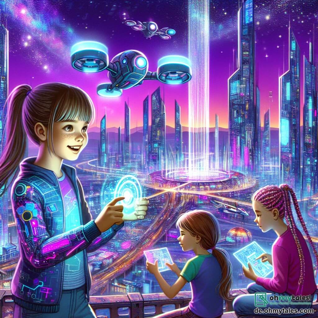 Illustration einer lebhaften Szene in einer futuristischen Stadt, wo glitzernde Glas- und Metallhochhäuser in einen tiefvioletten Himmel mit leuchtenden Sternen ragen. In der Mitte strahlt ein großer holographischer Bildschirm mit leuchtenden Farben und zieht die Aufmerksamkeit der Passanten auf sich. Drei junge Mädchen, etwa elf Jahre alt, stehen im Vordergrund. Eines hat lange braune Haare, die zu einem Pferdeschwanz gebunden sind, und trägt einen glänzenden, futuristischen Overall. Sie steuert einen kleinen Drohne, die um sie herumfliegt, ihr Gesicht strahlt Freude und Konzentration aus. Das zweite Mädchen, mit kurzen, lockigen rosa Haaren, beobachtet aufmerksam den holographischen Bildschirm, die Augen weit aufgerissen vor Staunen. Sie trägt ein buntes T-Shirt und Jeans. Das dritte Mädchen hat blonde, geflochtene Haare und hält ein kleines Gerät in den Händen, als ob sie Notizen über die Erfindungen macht, die sie sieht. Die Hauptsituation zeigt die Mädchen, die von den futuristischen Technologien um sie herum fasziniert sind, während ein freundlicher, runder Roboter mit ausdrucksvollen Augen sie durch die Stadt führt. Über ihnen fliegen Fahrzeuge vorbei und verleihen der Szene eine dynamische Note. Im Hintergrund schaffen leuchtende Pflanzen und funkelnde Lichter eine magische Atmosphäre, die das Staunen und die Neugier der Kinder in einer Welt voller unendlicher Möglichkeiten illustriert.