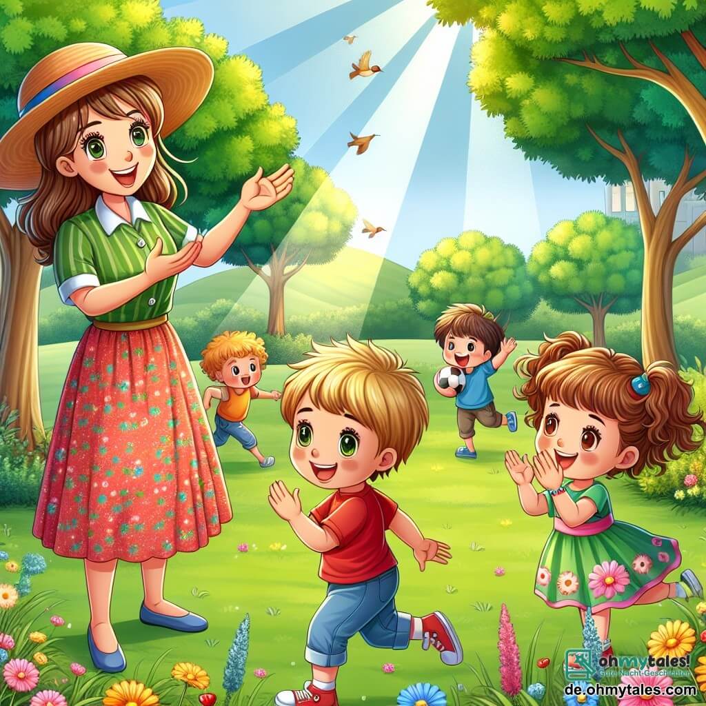 Illustration eines grünen Parks, gefüllt mit majestätischen Bäumen mit leuchtend grünen Blättern und bunten Blumen, die über das Gras verteilt sind. Im Zentrum steht eine Frau in blauer Polizeiuniform mit einem warmen Lächeln, die einen lustigen Hut trägt und sich leicht zu zwei Kindern vorbeugt. Sie hat braune Haare, die zu einem Pferdeschwanz gebunden sind, und funkelnde, wohlwollende Augen. An ihrer Seite steht ein etwa 7-jähriger Junge mit zerzausten blonden Haaren und einem roten Hemd, der einen Fußball hält. Er hat einen neugierigen und begeisterten Blick. Neben ihm applaudiert ein 6-jähriges Mädchen mit lockigen Haaren und einem Blumenkleid fröhlich, ihr Gesicht strahlt vor Glück. Die Frau erklärt den Kindern die Bedeutung ihres Berufs als Polizistin, während sie aufmerksam zuhören, gefesselt von ihren Worten. Im Hintergrund singen Vögel in den Bäumen und andere Kinder spielen, was der Szene eine fröhliche und dynamische Atmosphäre verleiht. Sonnenstrahlen brechen durch das Laub und erhellen den magischen Moment des Teilens und Lernens.