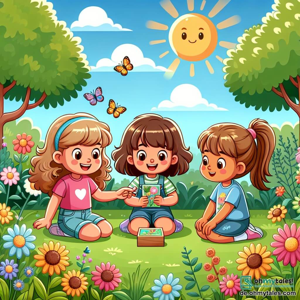 Illustration eines sonnigen Gartens, gefüllt mit bunten Blumen, großen Bäumen mit grünen Blättern und einem hellblauen Himmel, der mit einigen weißen Wolken durchzogen ist. In der Mitte sitzen drei Mädchen, etwa 10 Jahre alt, auf dem Gras. Eines von ihnen, ein Mädchen mit lockigem braunem Haar, trägt ein pinkes T-Shirt und eine Jeansshorts, sie lächelt und hält eine kleine Holzbox. Neben ihr schaut ein anderes Mädchen mit glattem blonden Haar, das ein Blumenkleid trägt, staunend. Das dritte Mädchen, mit kastanienbraunem Haar, das zu einem Pferdeschwanz gebunden ist, trägt ein blaues T-Shirt und Leggings und zeigt auf eine bunte Zeichnung, die sie in der Box gefunden haben. Die Atmosphäre ist fröhlich und freundlich, sie zeigt einen Moment der Entdeckung und Vertrautheit zwischen den Freundinnen, fernab von Bildschirmen, inmitten der Natur. Schmetterlinge fliegen um sie herum und verleihen der Szene einen Hauch von Magie.