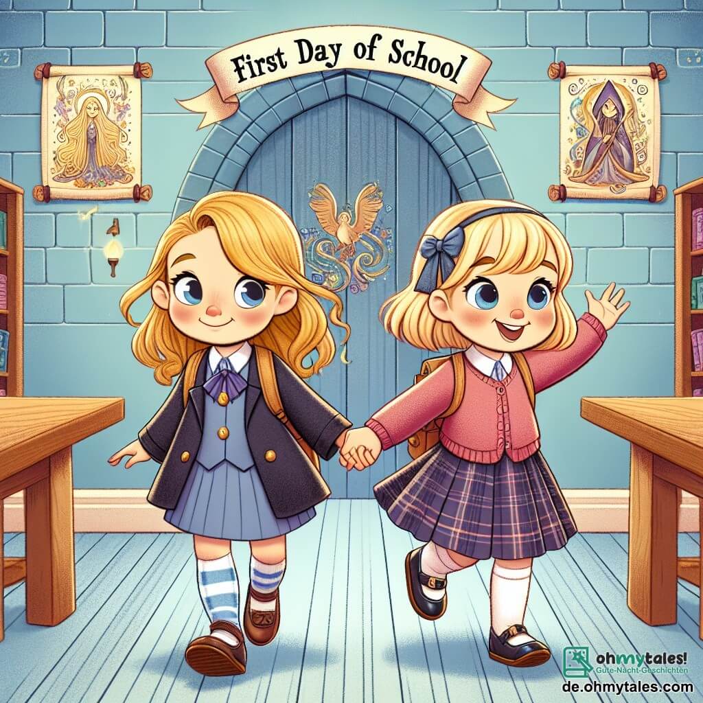 Une illustration destinée aux enfants représentant une petite fille timide et curieuse le jour de sa rentrée des classes, accompagnée de son amie Emma, une fillette joyeuse aux couettes blondes, découvrant un mystérieux Klassenzimmer der Zauberschule aux murs ornés de parchemins magiques et étagères remplies de livres de sorts.