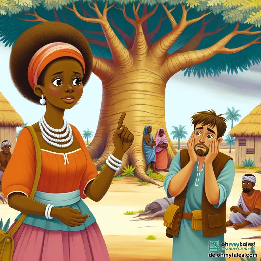 Une illustration destinée aux enfants représentant une femme courageuse et sage, se tenant sous un baobab majestueux au cœur d'un village africain, accompagnée d'un homme inquiet, se préparant à résoudre un conflit ancestral entre deux familles.