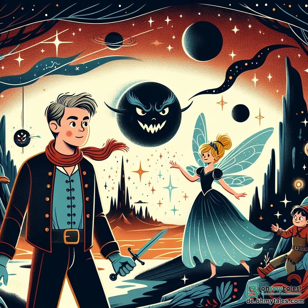 Une illustration destinée aux enfants représentant un jeune homme courageux, une fée étincelante, et un mystérieux planète perdu aux paysages sombres et hostiles, dans une aventure spatiale pleine de magie et de dangers.