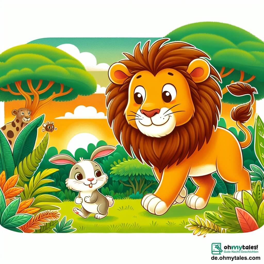 Une illustration destinée aux enfants représentant un jeune lion courageux, accompagné d'un petit lapin malin, explorant une savane luxuriante et colorée.