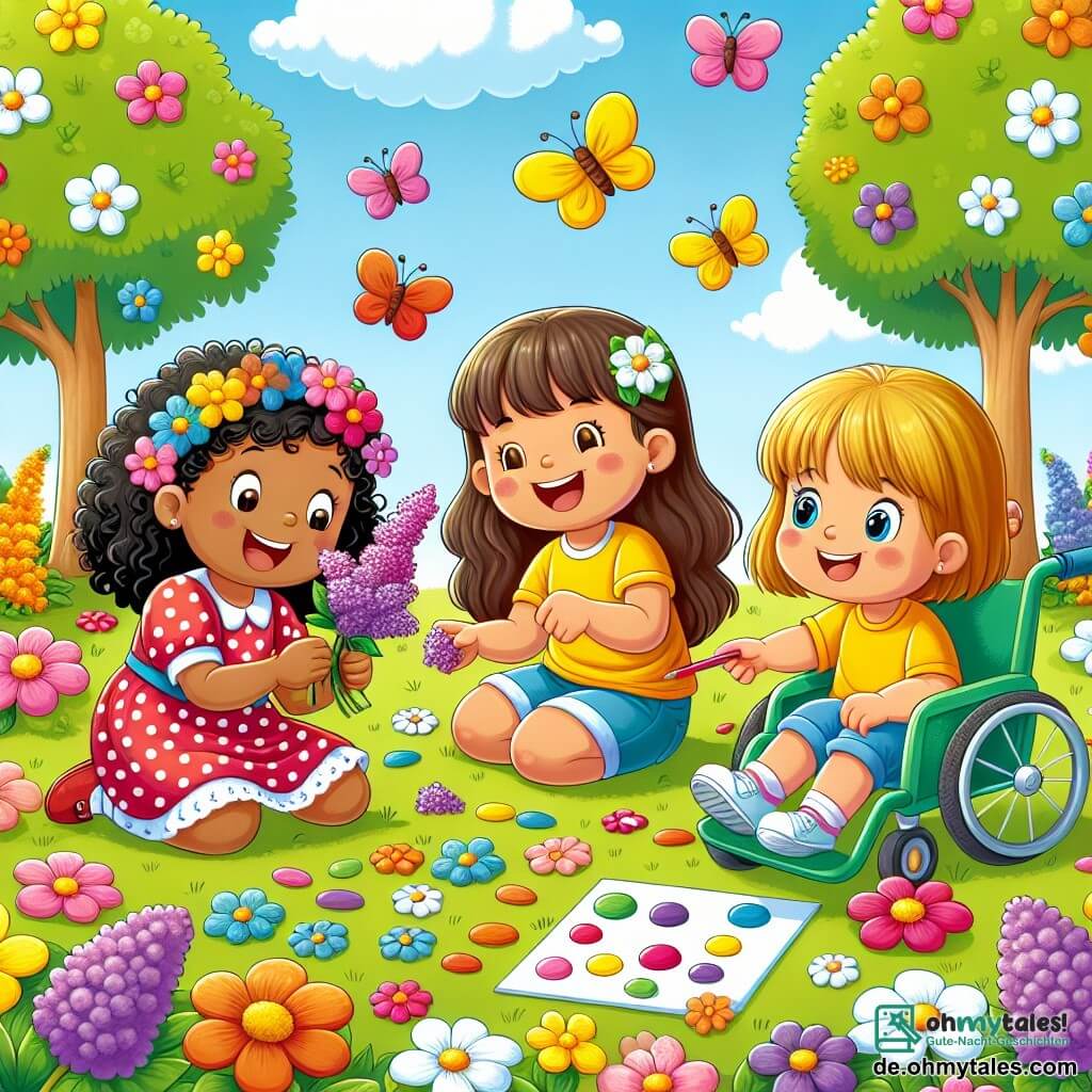 Illustration eines sonnigen Parks, gefüllt mit bunten Blumen und grünen Bäumen. In der Mitte sitzen drei Mädchen auf dem weichen Gras, umgeben von bunten Blütenblättern. Eines der Mädchen, ein kleines Mädchen mit braunen, lockigen Haaren, trägt ein rotes Kleid mit Punkten und hält einen Flieder in den Händen, während sie begeistert lächelt. Neben ihr sitzt ein weiteres Mädchen mit glatten, blonden Haaren, das ein gelbes T-Shirt und Shorts trägt, fröhlich lachend und einen gelben Schmetterling zeigend, der um sie herumfliegt. Das dritte Mädchen, mit kastanienbraunen Haaren und in einem hübschen grünen Rollstuhl sitzend, schaut ihre Freundinnen mit einem breiten Lächeln an, während sie einen bunten Bleistift und ein Zeichenblatt hält. Sie spielen ein Farbenspiel und suchen Blumen und Insekten um sich herum. Weiße Wolken schweben am blauen Himmel, und Kinder unterschiedlichen Alters gesellen sich zu ihnen, was eine Atmosphäre von Freude und Freundschaft schafft.