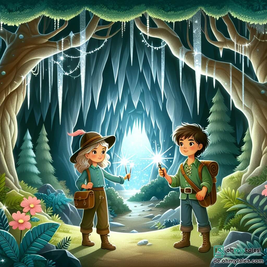 Une illustration destinée aux enfants représentant une courageuse exploratrice, accompagnée de son fidèle ami aventurier, un garçon intrépide, se tenant devant l'entrée d'une mystérieuse grotte scintillante cachée au cœur d'une forêt dense et envoûtante.