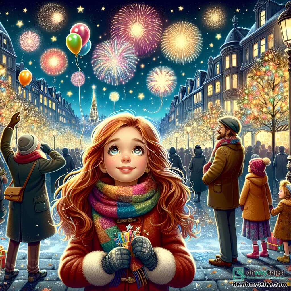 Illustration einer festlichen Silvesternacht in einer beleuchteten Großstadt. Der Hintergrund zeigt einen wunderschönen Nachthimmel, der mit bunten Feuerwerken gefüllt ist, die wie strahlende Sterne aufblitzen, während funkelnde Lichter die umliegenden Bäume und Gebäude schmücken. Im Vordergrund steht ein 11-jähriges Mädchen mit langen roten Haaren, das in einem warmen Mantel und einem bunten Schal gekleidet ist. Sie hat die Augen vor Staunen weit aufgerissen, hält einen bunten Ballon in einer Hand und ein kleines Stück Papier in der anderen, auf dem sie ihren Neujahrswunsch geschrieben hat. Neben ihr steht eine Gruppe von vier Personen, darunter zwei etwa 40-jährige Erwachsene, eine Frau mit braunen Haaren und ein Mann mit grauem Bart, sowie ein 10-jähriger Junge mit Brille und fröhlichem Lächeln. Alle blicken zum Himmel, die Arme erhoben, bereit, ihre eigenen mit Wünschen gefüllten Ballons steigen zu lassen. Die Hauptsituation zeigt die Magie und Aufregung des Moments, in dem die Ballons in den Himmel aufsteigen, was die Träume und Hoffnungen für das neue Jahr symbolisiert. Bunte Konfetti schweben in der Luft und verleihen dieser fröhlichen und vielversprechenden Szene eine festliche Note.
