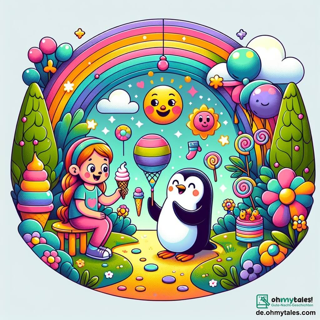 Une illustration destinée aux enfants représentant une fillette curieuse se retrouvant nez à nez avec un pingouin jongleur dans un jardin magique rempli de glaces arc-en-ciel et de fleurs qui chantent.