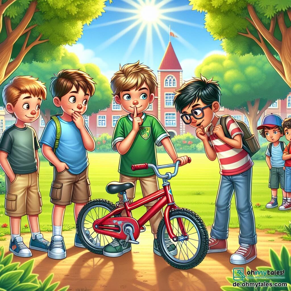 Illustration einer sonnigen Szene auf einem lebhaften Schulhof, umgeben von großen, lebhaft grünen Bäumen. In der Mitte steht eine Gruppe von vier Jungen, etwa elf Jahre alt, um ein strahlend rotes Fahrrad, das unter den Sonnenstrahlen glänzt. Der erste Junge, mit braunen Haaren und funkelnden Augen, trägt ein blaues T-Shirt und beige Shorts; er sieht sowohl stolz als auch nervös aus. Neben ihm steht ein anderer Junge mit zerzausten blonden Haaren und einem schelmischen Lächeln, der ein grünes Fußballtrikot und Turnschuhe trägt. Der dritte Junge, mit kastanienbraunen Haaren und Brille, beobachtet aufmerksam mit einem perplexen Gesichtsausdruck, gekleidet in einem gestreiften T-Shirt und kurzen Hosen. Schließlich zeigt der vierte Junge, mit schwarzen Haaren und einer Mütze, einen enttäuschten Gesichtsausdruck, trägt ein rotes T-Shirt und Jeans. Die Hauptsituation zeigt den ersten Jungen, der sichtbar unbehaglich ist und versucht, sein Geheimnis über das Fahrrad zu verbergen, während die anderen ihn neugierig befragen. Im Hintergrund spielen Klassenkameraden mit einem Ball, und bunte Zeichnungen schmücken die Wände des Hofes, was der Szene eine fröhliche Atmosphäre verleiht.