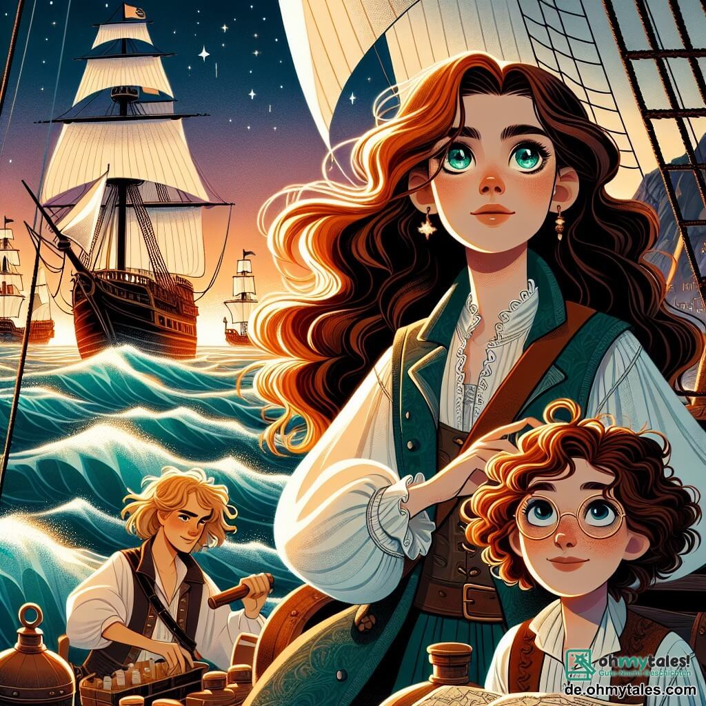 Une illustration sous forme de dessin destinée aux enfants représentant un port animé au coucher du soleil, avec des voiles blanches flottant au vent, où une jeune femme au long cheveux châtains et aux yeux verts pétillants se tient fièrement au gouvernail de son navire pirate, entourée de son ami, un garçon aux cheveux blonds et aux yeux bleus, qui s'active à préparer des provisions, tandis qu'une petite fille aux cheveux bouclés et aux lunettes rondes observe les étoiles avec une carte à la main, tous trois prêts à partir à l'aventure à la recherche d'un trésor légendaire, le cœur du océan, au milieu des vagues tumultueuses.