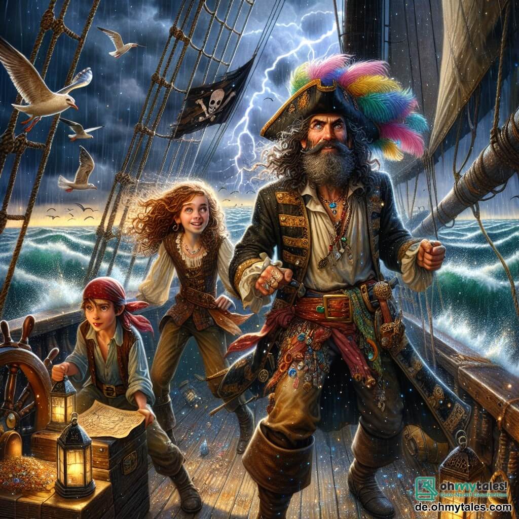 Illustration einer lebhaften Szene auf dem Deck eines großen Piratenschiffs, der "Flinke Maat", das auf einem stürmischen Meer segelt. Der Himmel ist dunkel, mit bedrohlichen Wolken, während tumultartige Wellen gegen den Rumpf des Schiffs schlagen und glitzernde Spritzer erzeugen. In der Mitte steht ein wettergegerbter Mann mit langen, im Wind wehenden Haaren, der einen Piratenhut mit einer bunten Feder trägt. Er hat einen entschlossenen Blick und hält das Steuer fest in der Hand, seine Muskeln angespannt durch die Anstrengung. Seine Kleidung ist eine Mischung aus abgewetztem Leder und bunten Stoffen, mit einem Gürtel voller kleiner Schätze. An seiner Seite ist ein etwa zehnjähriges Mädchen mit lockigem Haar und funkelnden Augen, das eifrig dabei ist, ein Segel zu hissen. Sie trägt ein weites Hemd und eine Leinensocke, und ihr Lächeln zeigt Enthusiasmus und Tapferkeit. Ein etwa achtjähriger Junge mit einem roten Bandana auf dem Kopf beobachtet das Meer mit einem staunenden Ausdruck und hält eine alte Schatzkarte in seinen Händen. Die Hauptsituation zeigt die Besatzung, die gegen die Elemente kämpft, vereint in ihrer Abenteuerlust, während Blitze den Himmel erhellen und Möwen über ihnen fliegen. Zusätzliche grafische Elemente umfassen Holzfässer, hängende Seile und eine stolz oben am Mast wehende schwarze Flagge, die zur Atmosphäre von Piraterie und Aufregung beiträgt.