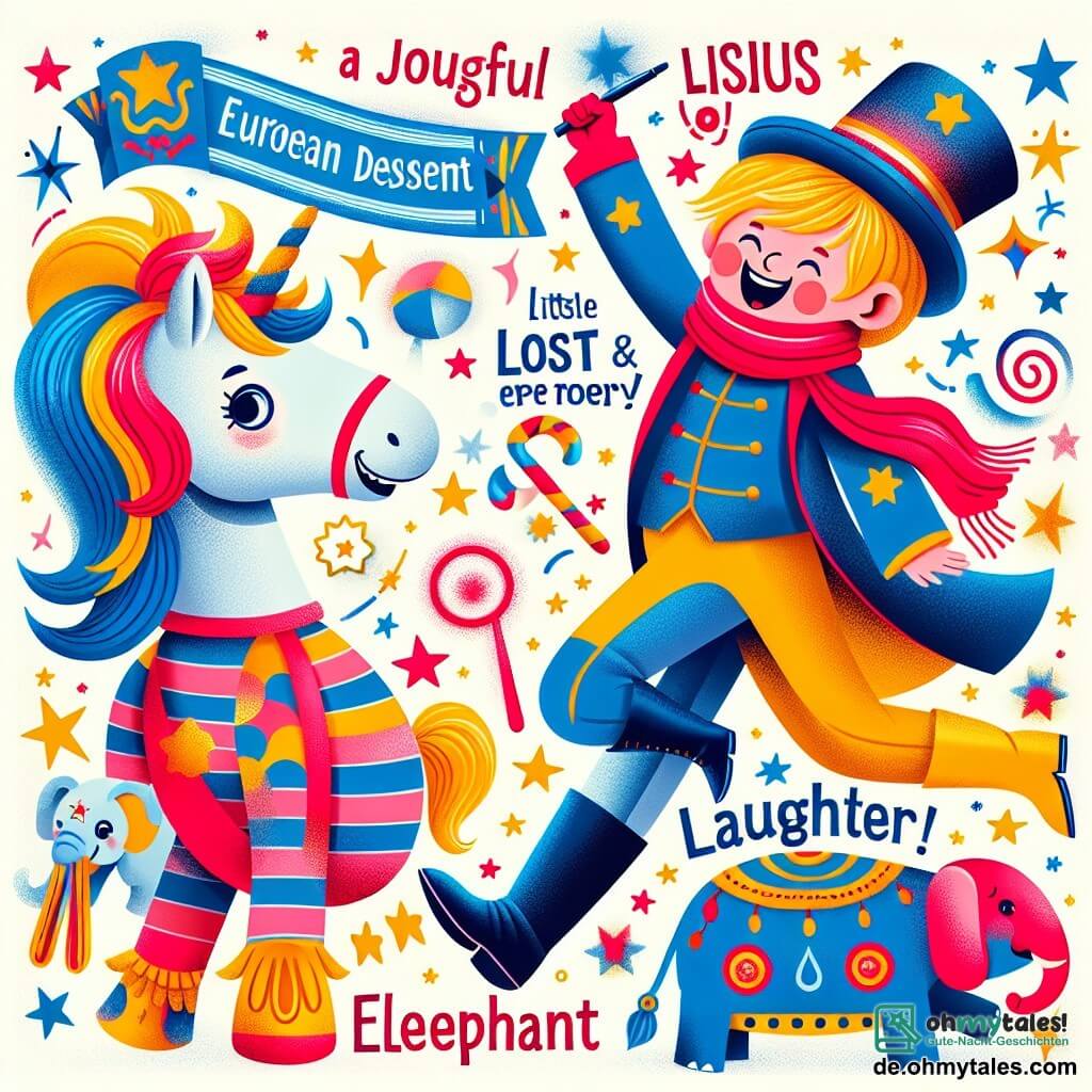 Une illustration destinée aux enfants représentant une licorne joyeuse et étincelante, un petit garçon à la recherche de son jouet perdu, un éléphant espiègle et un cirque coloré et animé où les rires résonnent à chaque coin.