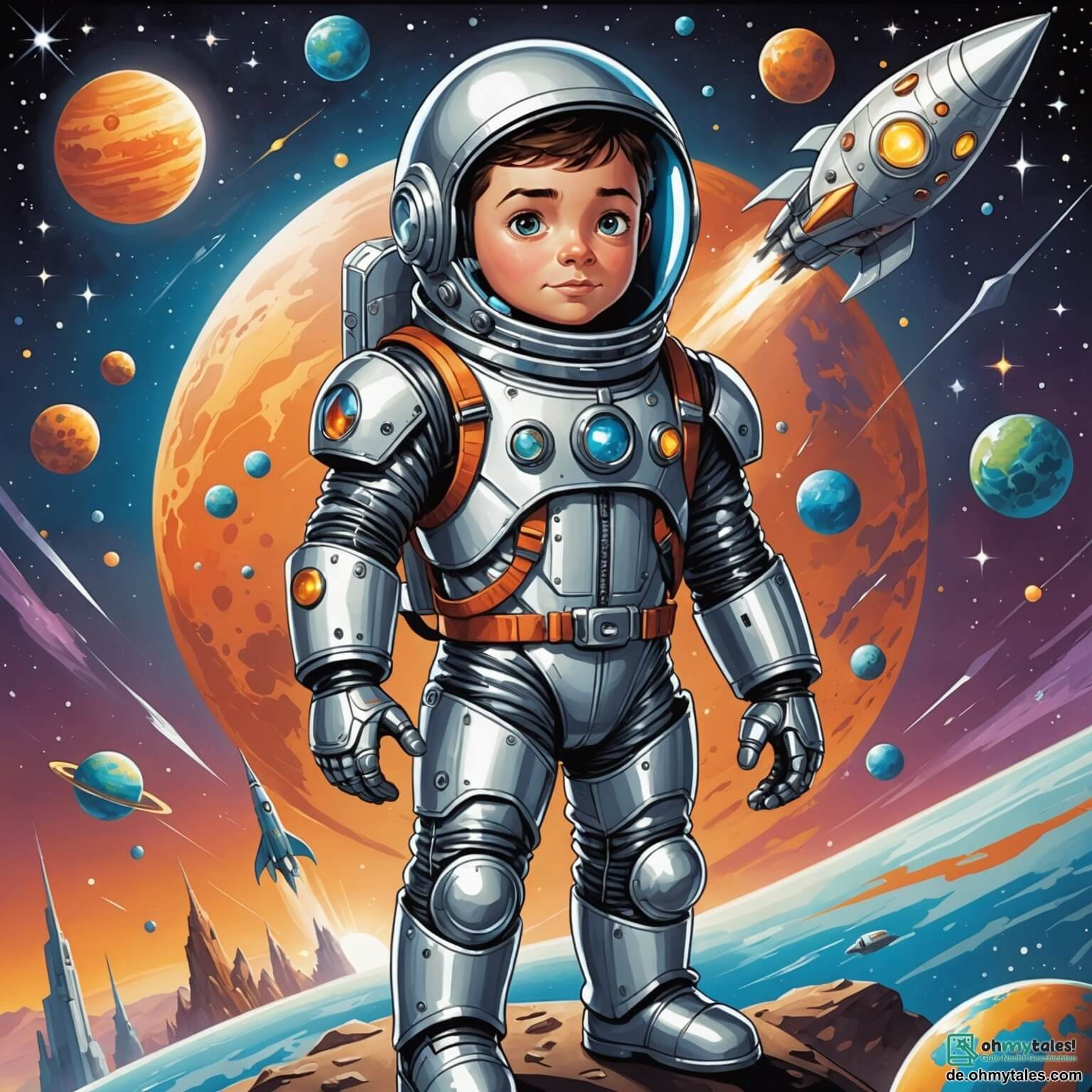 Une illustration destinée aux enfants représentant un jeune homme intrépide aux yeux pétillants d'aventure, vêtu d'une combinaison spatiale étincelante, se tenant fermement dans sa petite mais brillante fusée argentée, prête à s'envoler vers le mystérieux et coloré planète Krafon, où il espère découvrir une source d'énergie magique pour sauver son monde, accompagné de son fidèle ami robot, un petit être métallique aux formes arrondies et aux lumières clignotantes, qui l'encourage avec des sons joyeux, le tout se déroulant dans un ciel étoilé parsemé de planètes scintillantes et de nébuleuses flamboyantes, créant un tableau féerique de l'immensité de l'univers.