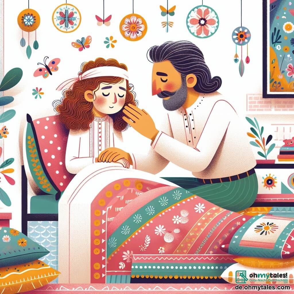Une illustration destinée aux enfants représentant une petite fille aux boucles brunes, malade dans son lit, accompagnée de son père aimant, entourée de coussins colorés et de peluches, dans une chambre lumineuse aux murs décorés de dessins joyeux et de mobiles en papillons.