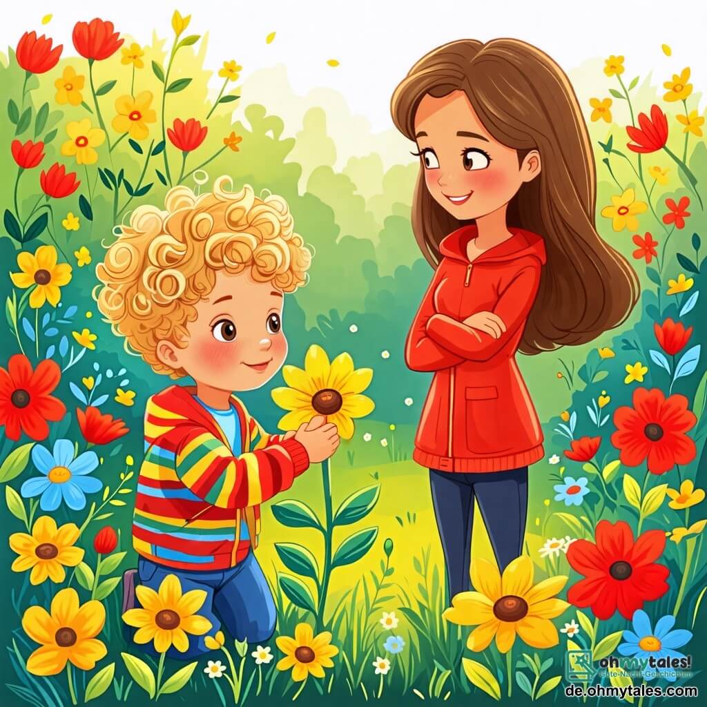 Une illustration sous forme de dessin destinée aux enfants représentant un jardin en pleine floraison au printemps, avec un garçon de 2 ans aux cheveux blonds et bouclés, portant une petite veste colorée, qui s'agenouille pour sentir une belle fleur jaune, tandis qu'une maman souriante aux cheveux bruns et longs se tient à proximité, les bras croisés et regardant son fils avec tendresse, entourés de fleurs rouges, jaunes et bleues qui dansent sous la douce brise printanière.