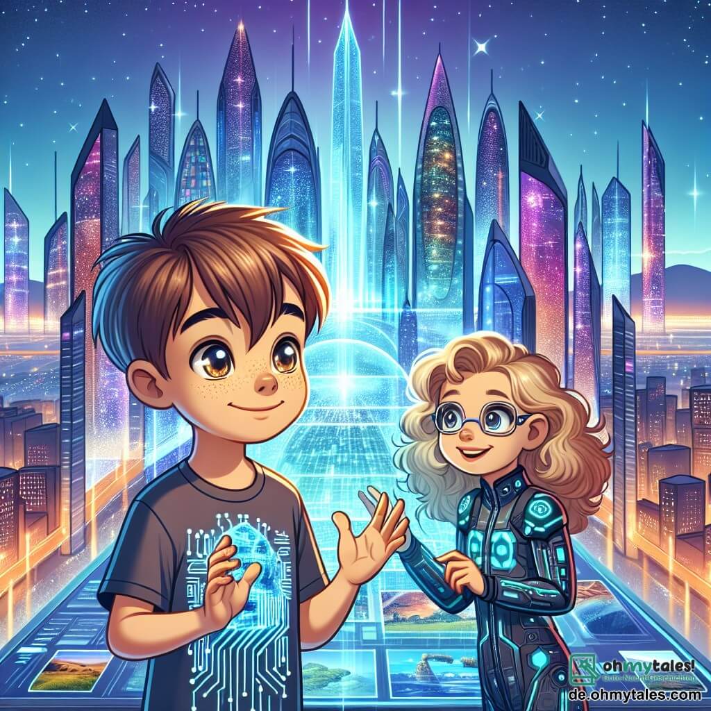Une illustration sous forme de dessin destinée aux enfants représentant une ville futuriste vibrante de couleurs, avec des gratte-ciels en verre scintillant sous un ciel étoilé, où un garçon de 11 ans aux cheveux bruns et aux yeux pétillants, portant un t-shirt aux motifs de circuits électroniques, se tient émerveillé devant un grand écran holographique affichant des paysages du monde entier, tandis qu'une fille aux cheveux blonds et bouclés, vêtue d'une combinaison futuriste, l'encourage avec un sourire, illustrant leur aventure d'apprentissage et de découverte dans cette métropole technologique.