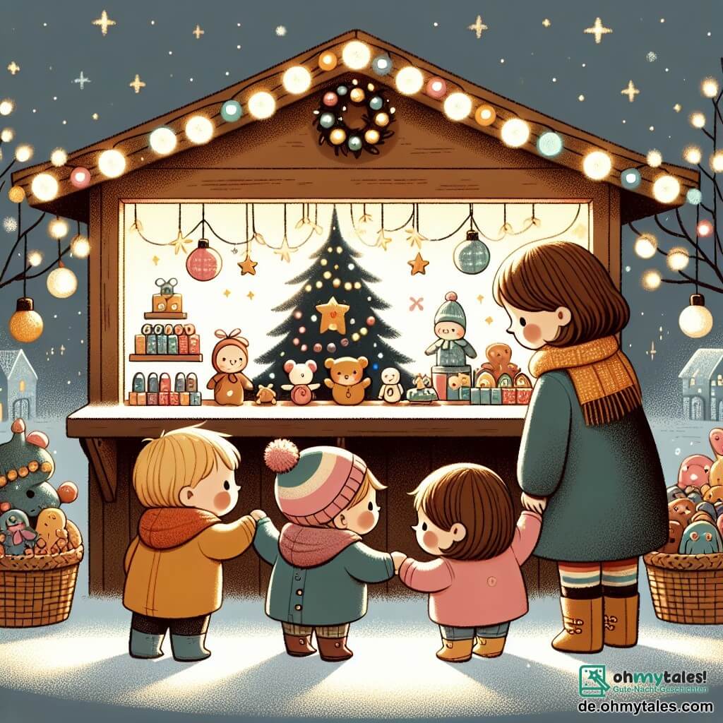 Une illustration sous forme de dessin destinée aux enfants représentant un marché de Noël animé, avec des lumières scintillantes et un grand sapin décoré, où un groupe de trois enfants de 1 an, deux garçons aux cheveux blonds et une fille aux cheveux bruns, se tiennent la main, émerveillés par un petit stand de jouets colorés, tandis qu'une maman souriante, aux cheveux châtains, les observe avec tendresse, créant une atmosphère chaleureuse et festive de joie et d'amitié.