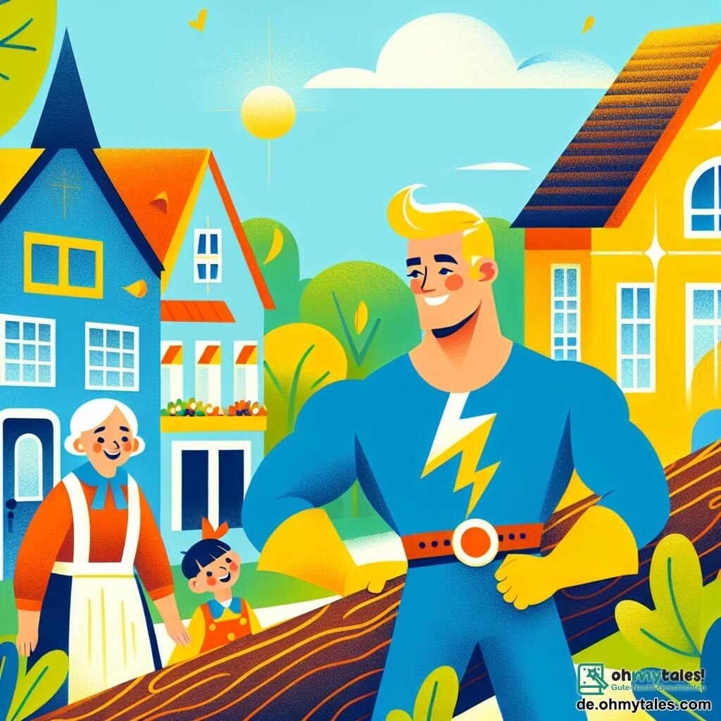 Une illustration sous forme de dessin destinée aux enfants représentant une rue animée d'un village coloré, avec un homme en costume bleu et un éclair jaune sur la poitrine, aux cheveux brillants et au sourire éclatant, qui soulève un grand arbre tombé sur la route, tandis qu'une femme âgée aux cheveux gris et portant un tablier, ainsi que des enfants aux yeux émerveillés, l'observent avec admiration, créant une atmosphère de camaraderie et d'entraide dans un cadre ensoleillé.