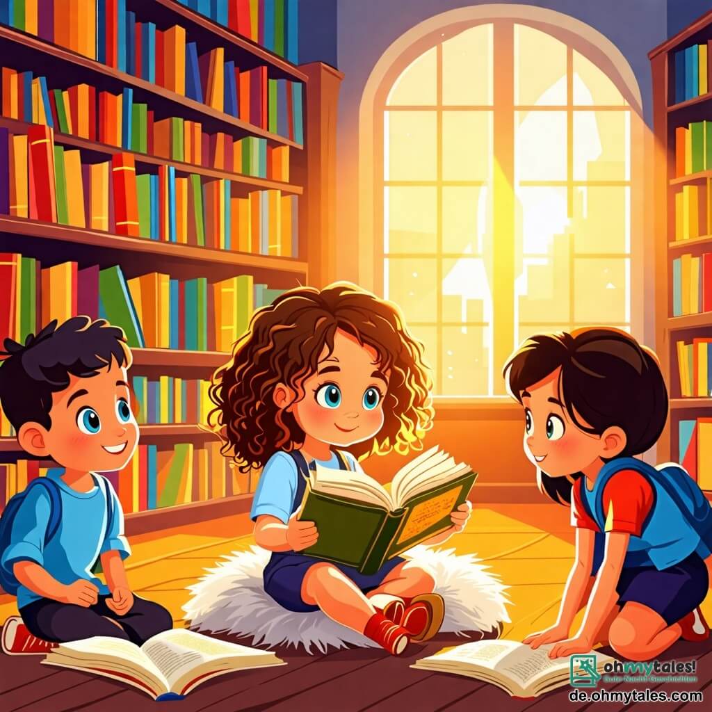 Illustration einer magischen Szene in einer Schulbibliothek. Die Wände der Bibliothek sind mit bunten Büchern bedeckt, und große Fenster lassen Sonnenlicht herein, das den Raum in goldenen Reflexen erleuchtet. In der Mitte sitzt ein 5-jähriges Mädchen mit großen blauen Augen und lockigem braunem Haar, das ein altes Buch mit vergilbten Seiten hält, ihr Gesicht strahlt Neugier aus. Sie sitzt auf einem weichen Kissen, umgeben von ihren Freunden. Neben ihr schaut ein 6-jähriger Junge mit zerzausten blonden Haaren und runden Brillen fasziniert auf das Buch, während ein anderes 5-jähriges Mädchen mit glattem schwarzem Haar sich bückt, um in einer Spielzeugkiste neben ihnen zu stöbern. Die Hauptsituation zeigt die Kinder, die ein altes geheimnisvolles Buch entdecken, aus dessen Seiten ein magisches Licht strahlt, während ein kleines Stück Papier, das zwischen den Seiten versteckt ist, zu funkeln scheint. Illustrationen von goldenen Schlüsseln und alten Uhren schweben um sie herum und symbolisieren das Rätsel, das gelöst werden muss. Die Atmosphäre ist erfüllt von Aufregung und Magie und fängt den Geist von Abenteuer und Freundschaft ein.