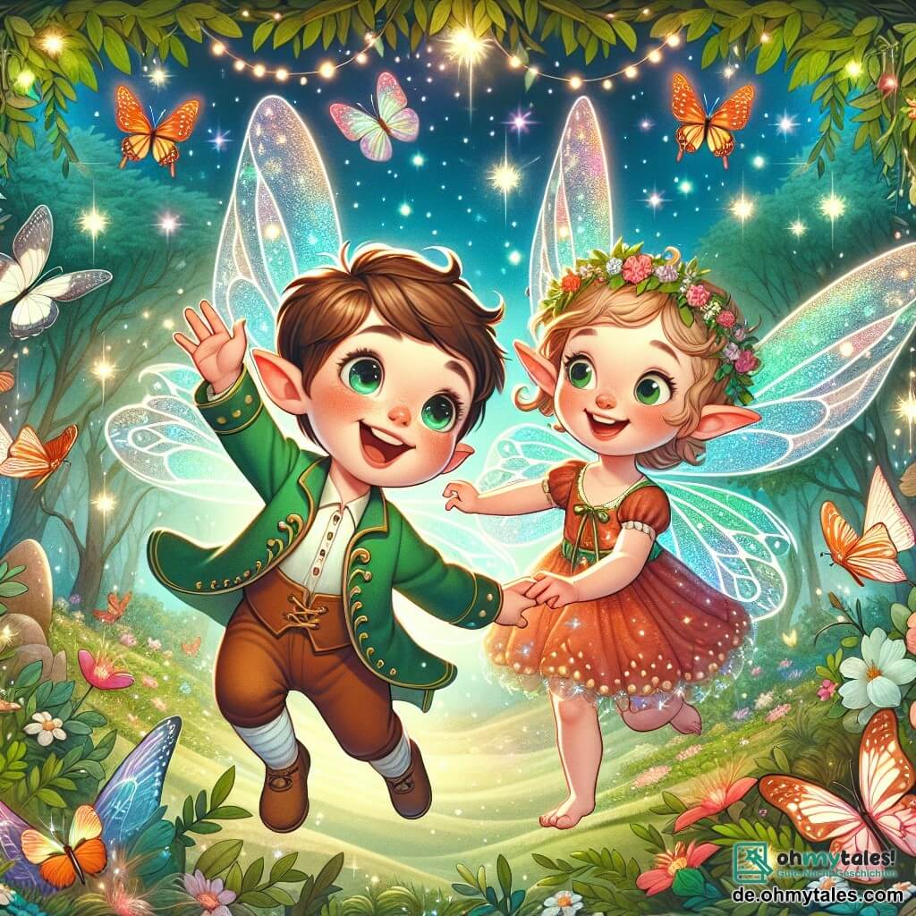 Une illustration destinée aux enfants représentant un petit garçon plein d'énergie, partant à l'aventure dans un mystérieux bois enchanté, accompagné d'une amicale elfe aux ailes scintillantes, entourés de papillons colorés et de lucioles lumineuses, dans un décor de nature luxuriante et magique, le tout célébrant la magie de Pâques.