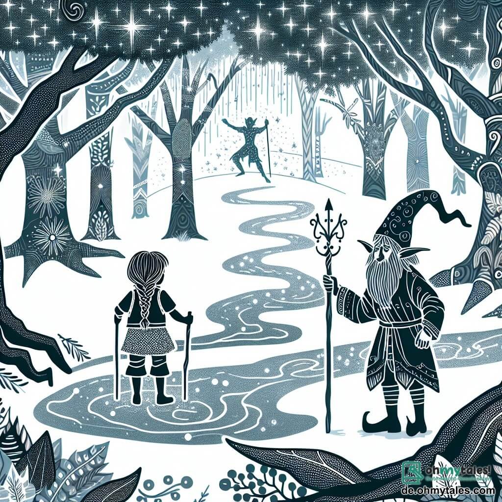 Une illustration destinée aux enfants représentant une fillette intrépide confrontée à un défi impossible, accompagnée d'un sage elfe aux longues oreilles pointues, dans une forêt enchantée aux arbres dansants et aux ruisseaux scintillants.