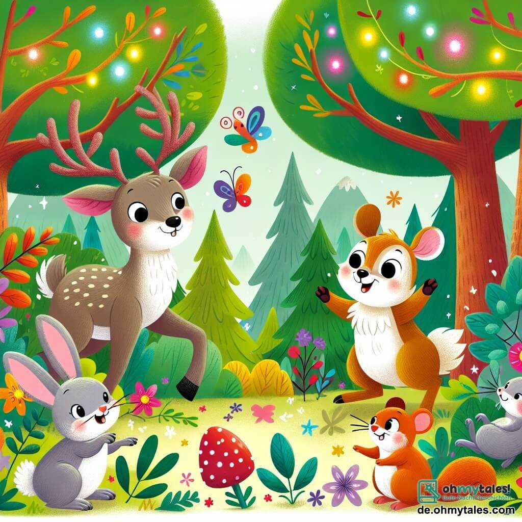Une illustration destinée aux enfants représentant un renne maladroit, un lapin facétieux, une souris curieuse et un écureuil espiègle, tous se retrouvant dans une forêt enchantée aux arbres aux couleurs vives et aux fleurs lumineuses pour une aventure pleine de rires et de surprises.