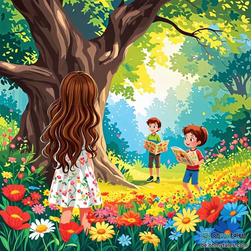 Eine Illustration zeigt einen zauberhaften Garten im Frühling, gefüllt mit bunten Blumen in leuchtendem Rot, Gelb und Blau. Im Zentrum steht ein majestätischer Baum mit ausladenden Ästen, darunter ein Teppich aus üppigem Grün. Im Vordergrund ist ein 11-jähriges Mädchen mit langen, welligen kastanienbraunen Haaren, das ein leichtes Kleid mit Blumenmuster trägt. Sie hat neugierige Augen und ein großes Lächeln. In einer Hand hält sie eine alte Karte und in der anderen ein buntes Ei, während sie um sich herum staunt. Neben ihr steht ein etwa 10-jähriger Junge mit zerzausten blonden Haaren und runden Brillen. Er trägt ein grünes T-Shirt und eine Jeansshorts und hält einen Korb mit dekorierten Ostereiern. Er schaut das Mädchen begeistert an, bereit, ihr bei ihrer Suche zu helfen. Die Hauptsituation zeigt das Mädchen, das ein funkelndes goldenes Ei entdeckt, das unter einem blühenden Busch versteckt ist, während bunte Schmetterlinge um sie herumfliegen und der Atmosphäre einen Hauch von Magie verleihen. Weitere Elemente sind verstreute bunte Ostereier im Garten, Vögel, die in den Bäumen singen, und ein klar blauer Himmel mit fluffigen Wolken.