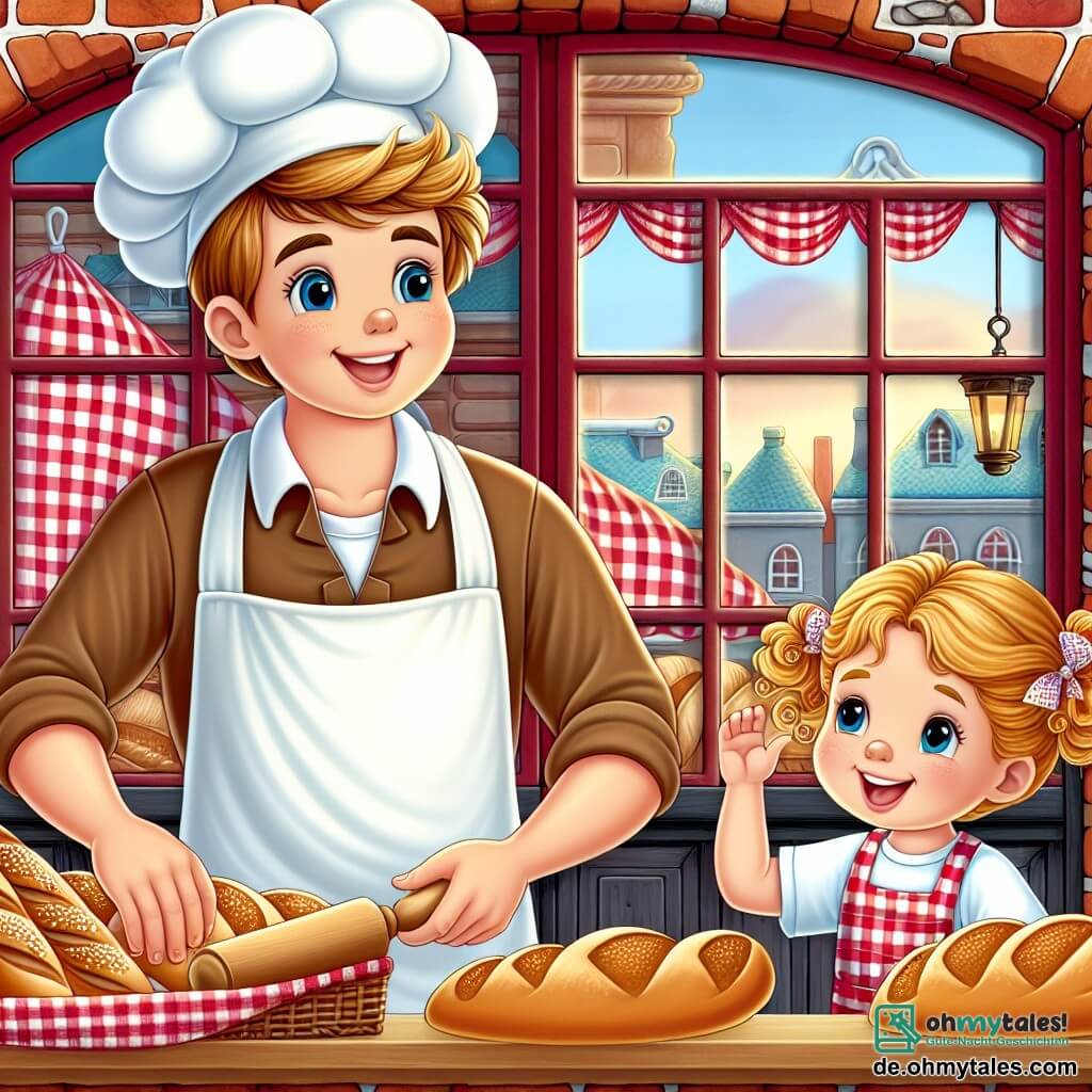 Une illustration destinée aux enfants représentant un boulanger au grand tablier blanc, un garçon curieux et joyeux, et sa fille, une petite fille aux boucles dorées, travaillant ensemble dans une charmante boulangerie aux murs en briques rouges et aux fenêtres ornées de rideaux à carreaux rouges et blancs, emplie du doux parfum de pain frais.