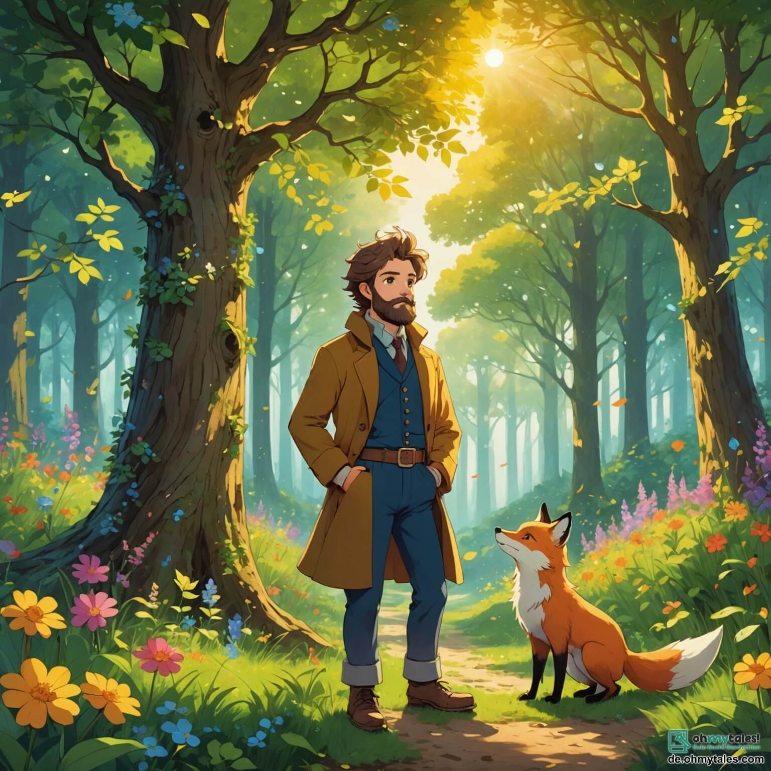Une illustration destinée aux enfants représentant un homme au grand cœur, avec une barbe touffue et des yeux pétillants de gentillesse, se tenant au bord d'une clairière enchantée où des fleurs colorées dansent au rythme du vent, tandis qu'un petit renard rusé, à la fourrure dorée, l'observe curieusement derrière un arbre majestueux, le tout dans un forêt dense et mystérieuse, où les rayons du soleil filtrent à travers les feuilles, créant un jeu d'ombres et de lumières féeriques.