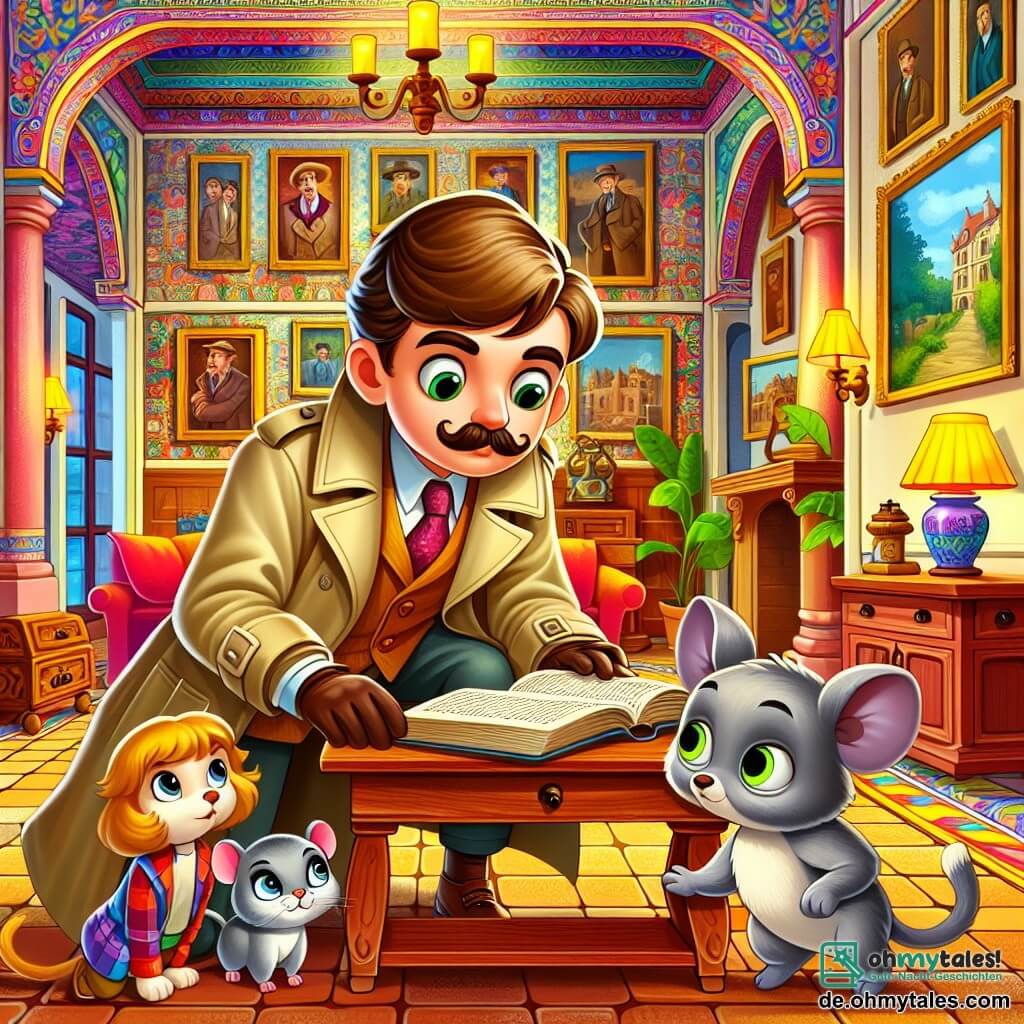 Une illustration sous forme de dessin destinée aux enfants représentant l'intérieur d'une vieille villa colorée avec des murs ornés de tableaux, où un homme détective aux cheveux bruns et à la moustache soignée, vêtu d'un trench-coat beige, examine attentivement un vieux livre sur une table en bois, tandis qu'une chatte grise aux yeux verts, une souris blanche curieuse et un chien marron aux grandes oreilles l'observent avec enthousiasme, alors qu'ils découvrent ensemble un indice sur un mystérieux trésor caché.