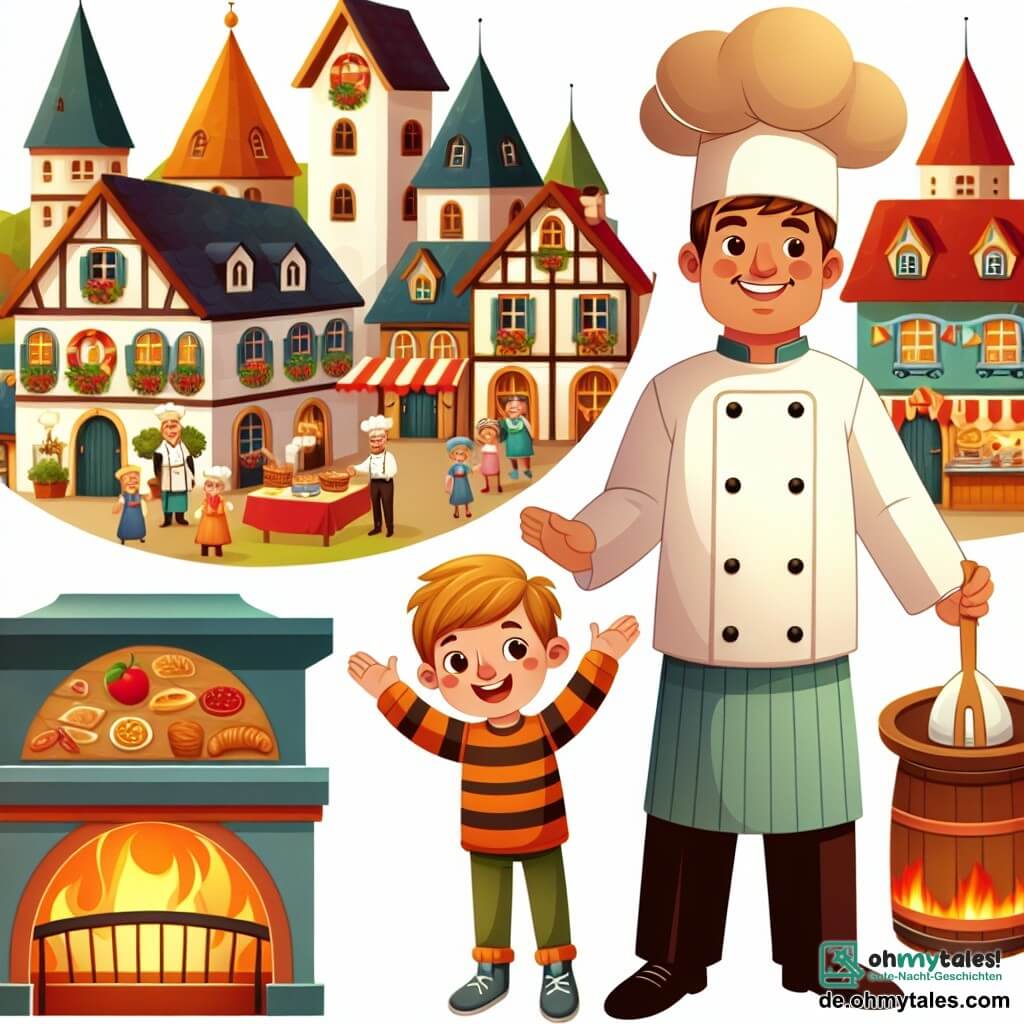 Une illustration destinée aux enfants représentant un grand chef cuisinier homme, un garçon enthousiaste, et une cuisine chaleureuse et colorée du village de Sonnental où se déroule une fête animée.