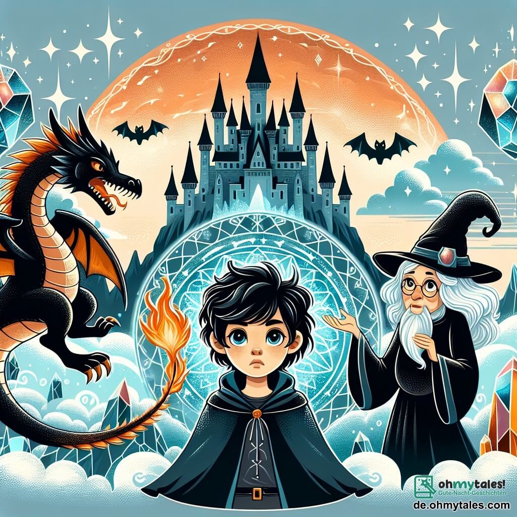 Une illustration destinée aux enfants représentant un jeune sorcier aux cheveux d'ébène, faisant face à un dragon cracheur de feu, accompagné d'une vieille sorcière aux yeux pétillants, dans un château magique perché sur une montagne de cristal scintillant.