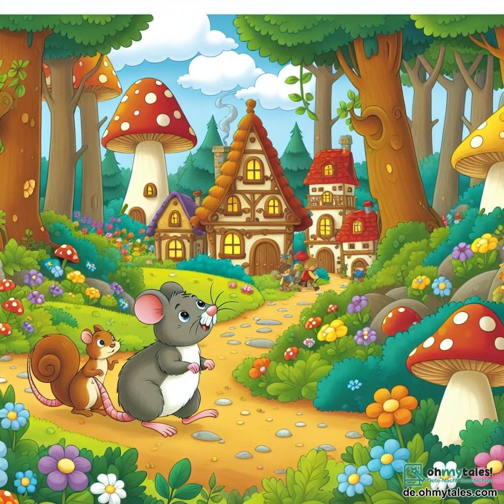 Une illustration destinée aux enfants représentant un jeune rat malin et curieux, accompagné d'un joyeux écureuil, explorant un magnifique village forestier aux maisons en forme de champignons et aux ruelles bordées de fleurs colorées.